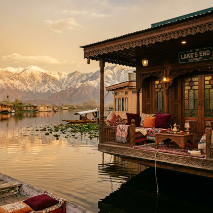 Traditional houseboat balcony on Dal Lake