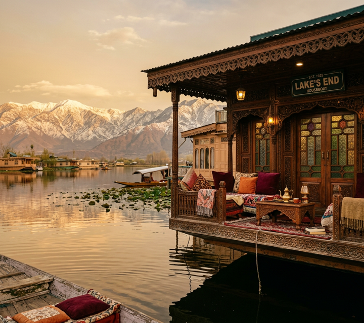 Traditional Kashmiri houseboat balcony set up comfortably for a family holiday on Dal Lake