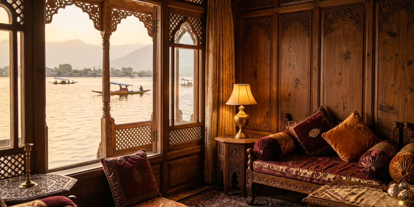 Interior of a premium Kashmiri houseboat available through Sukoon Holidays hotel booking