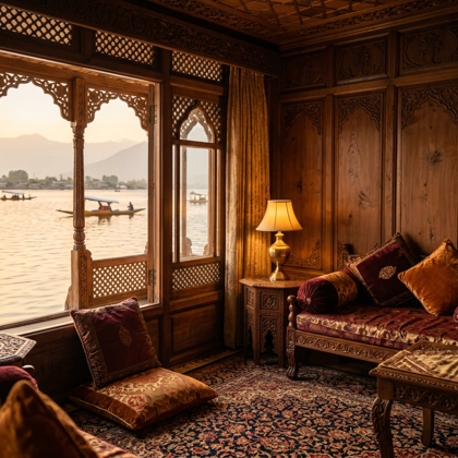 Interior of a premium Kashmiri houseboat