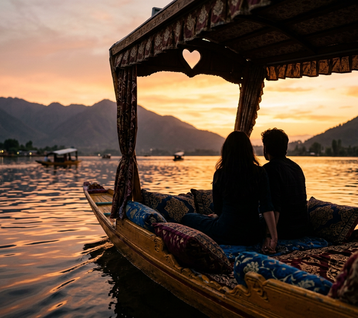 Couple enjoying a romantic Shikara ride at sunset on Dal Lake during a Kashmir honeymoon tour