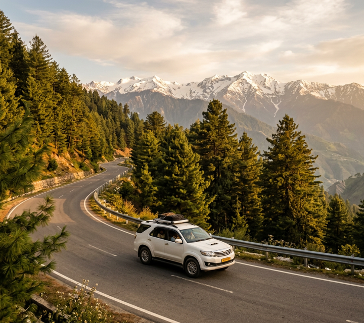 Comfortable tourist vehicle for Kashmir taxi service driving along a mountain road